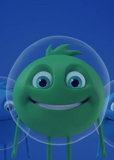 Personagens animados verdes e azuis com grandes olhos e sorrisos.